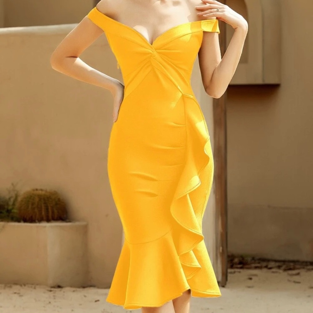 ADYCE Off Shoulder Draped Mermaid Hem Dress